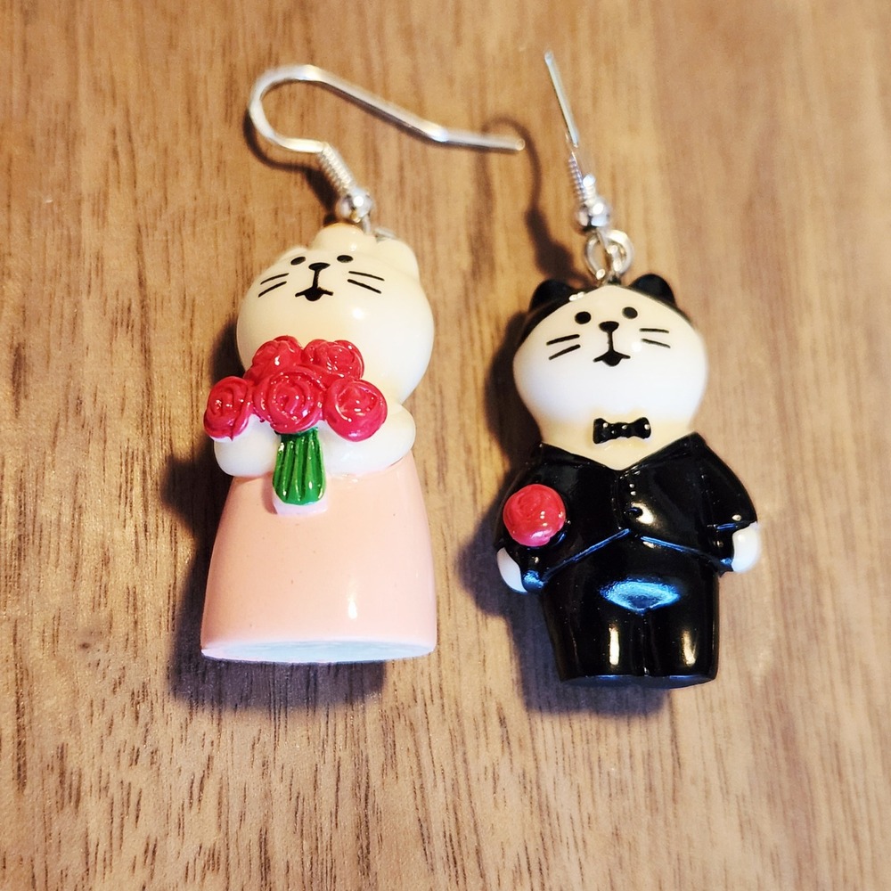 Handmade Mismatched Cat Bride and Groom Wedding Dangle Earrings Pink Black